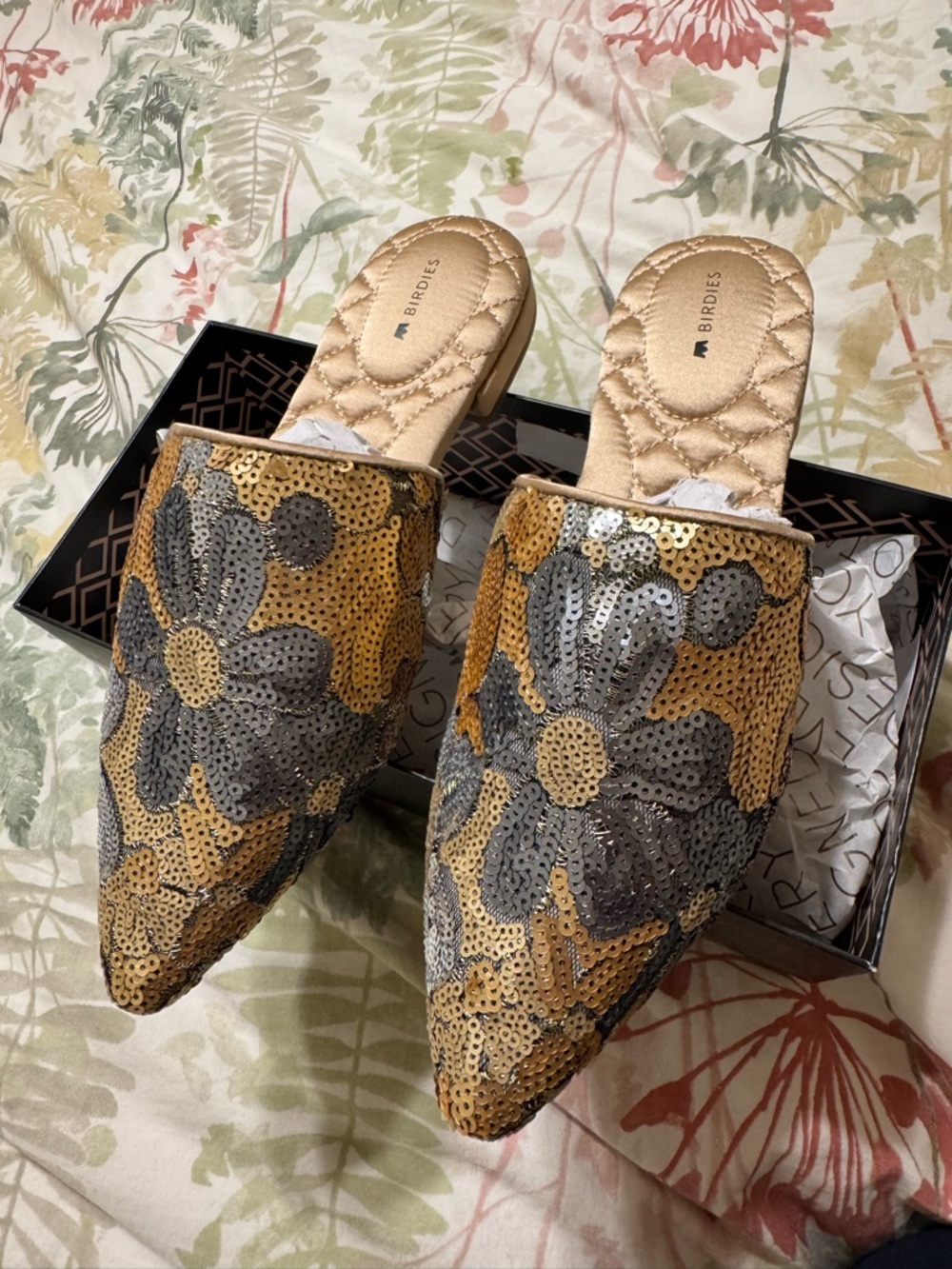 Birdies “The Dove” Gold Petal Sequin Floral Pointed Mules NIB